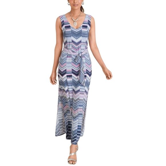 Chico's Cool-Toned Blue Chevron Striped Belted Knit Maxi Dress Size 2 Fits Large - Picture 2 of 7